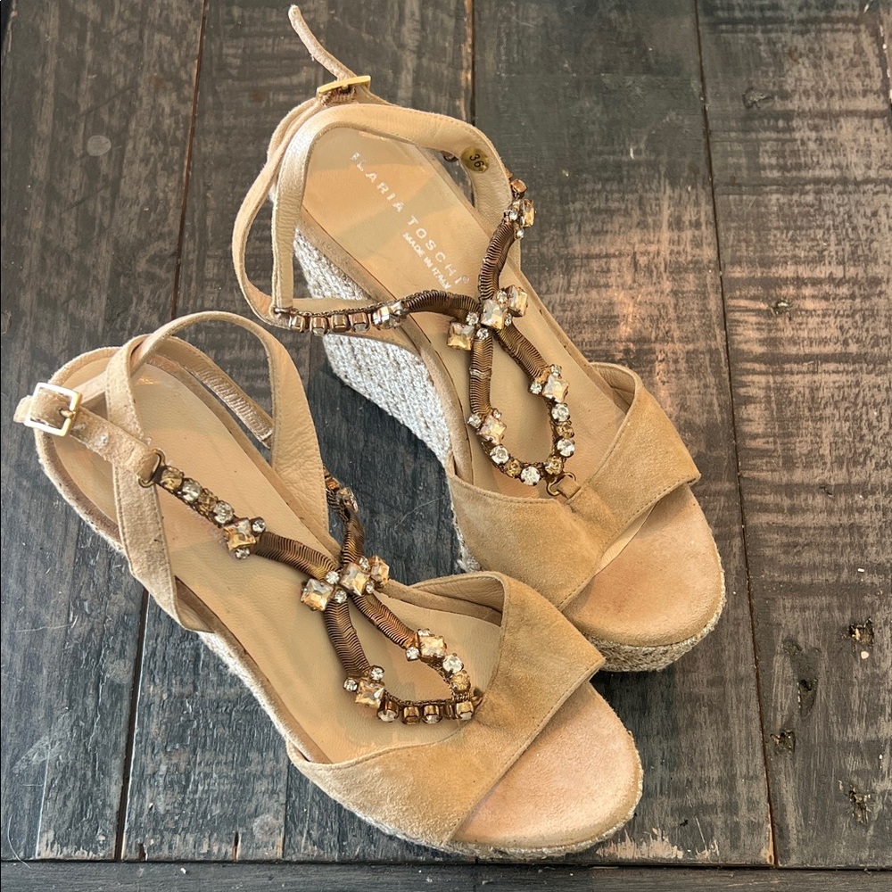 Blaria toschi Beige Wedge Sandals with Jewel Accents